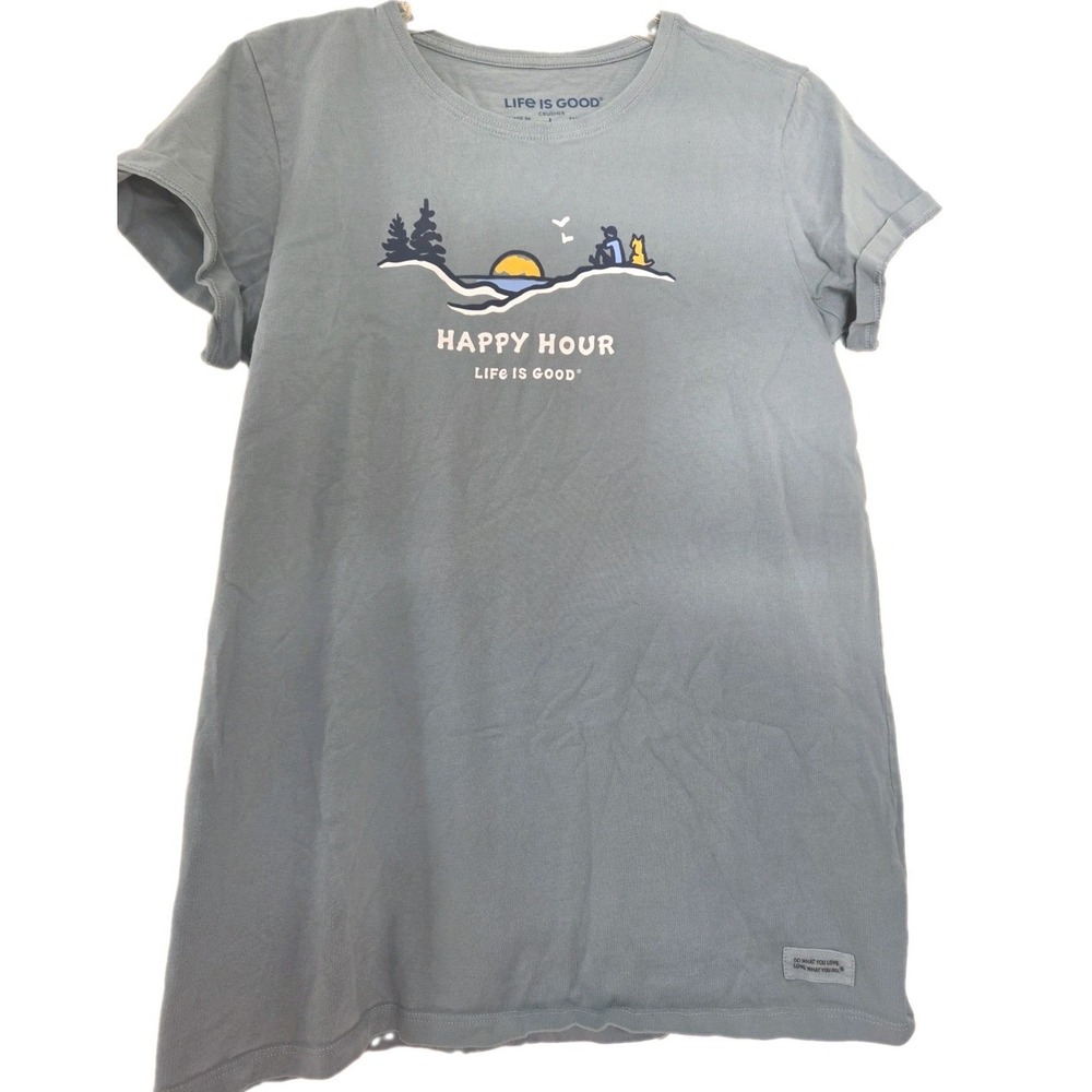 Life is Good Womens Large Happy Hour Blue Crew Neck Tshirt Mountain Scene